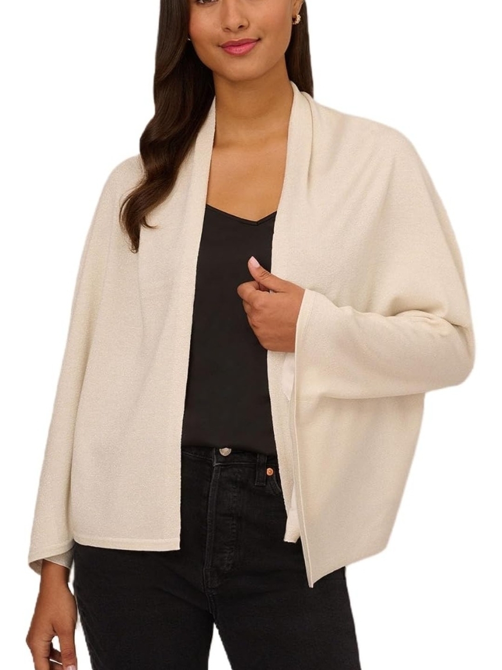 Adrianna Papell Cream Open-Front Draped Cardigan